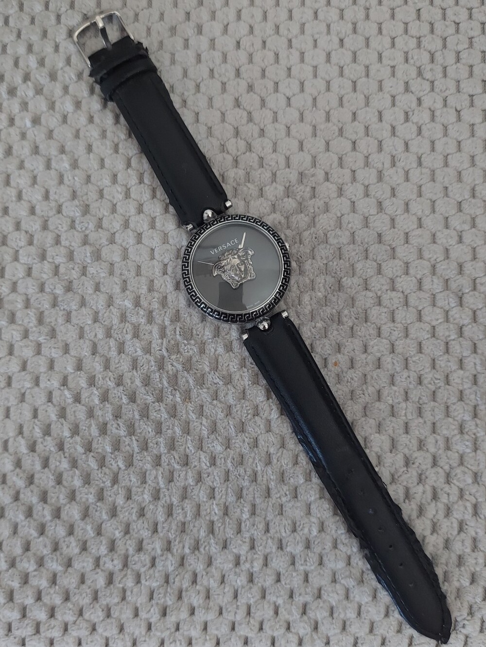Versace Palazzo Black Leather Strap Silver-Tone Medusa Dial Watch